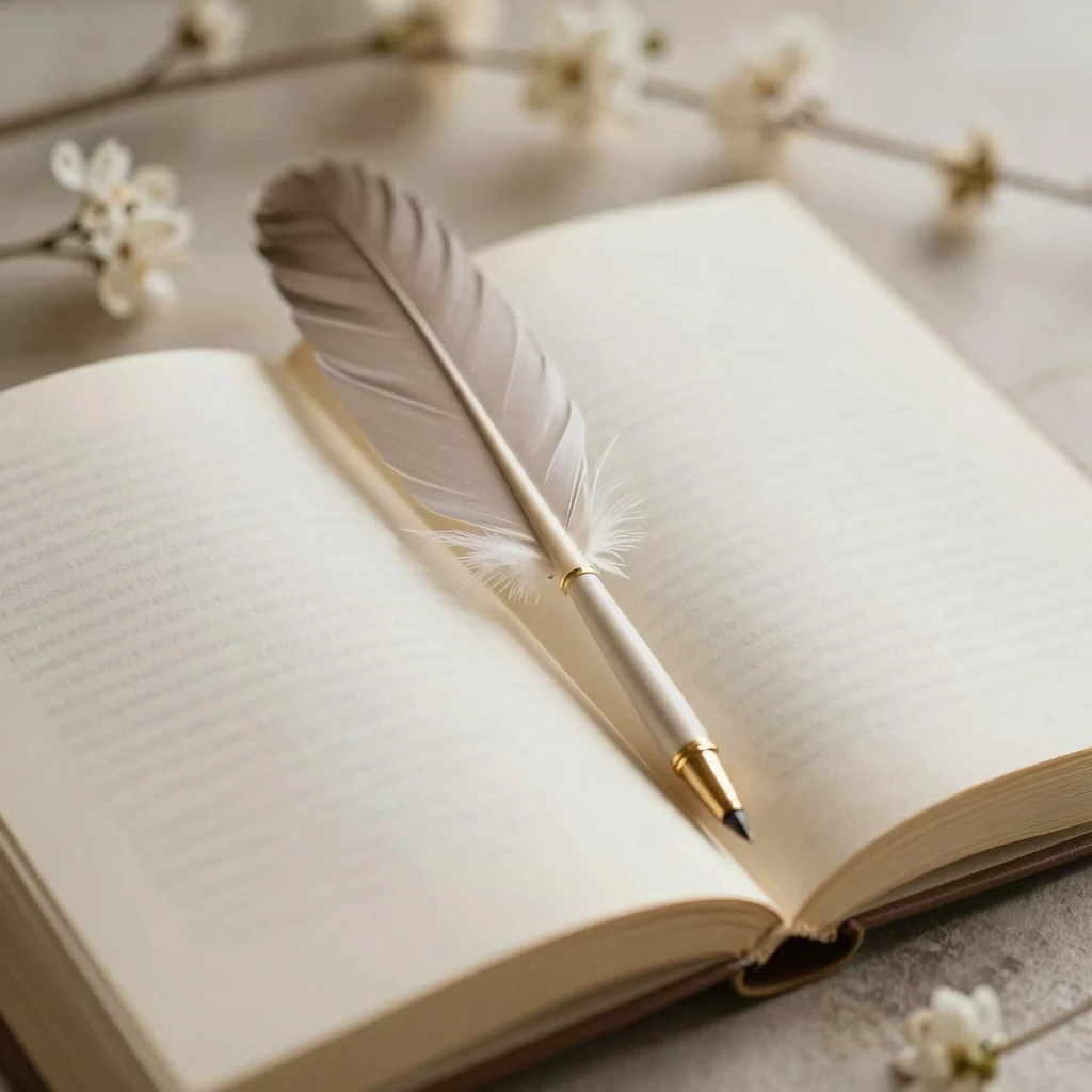 An open book with a quill pen, surrounded by delicate floral...