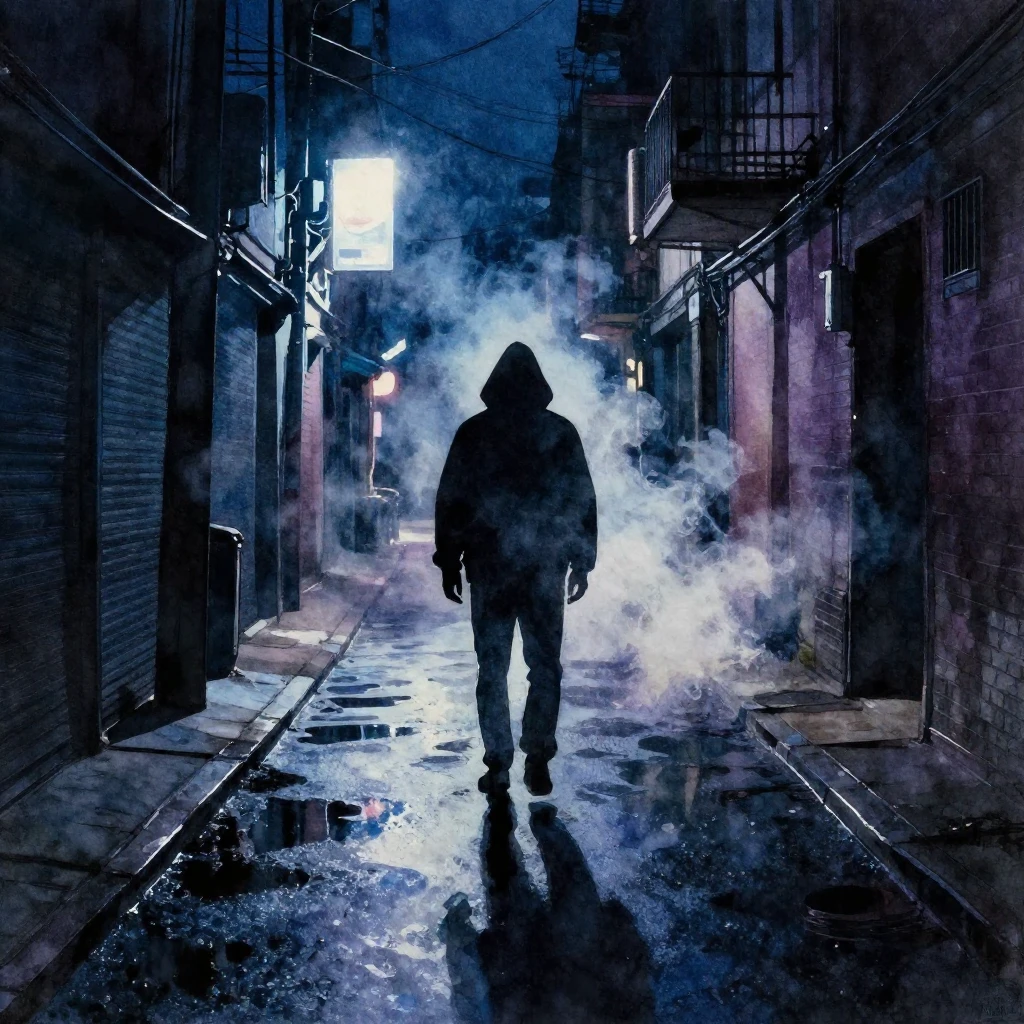 Watercolor painting of a dark urban alleyway at night, neon ...