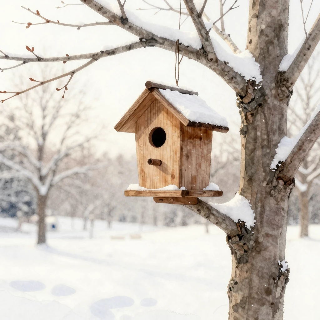 Create a watercolor painting of a wooden birdhouse silhouett...