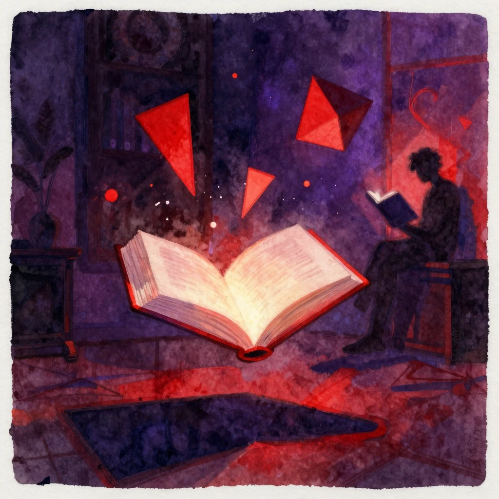 Watercolor painting of a glowing open book floating in a dar...