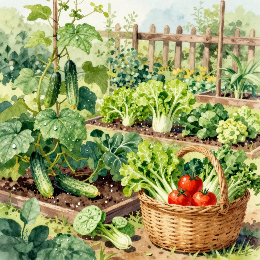 A vibrant and cheerful watercolor illustration of a lush veg...