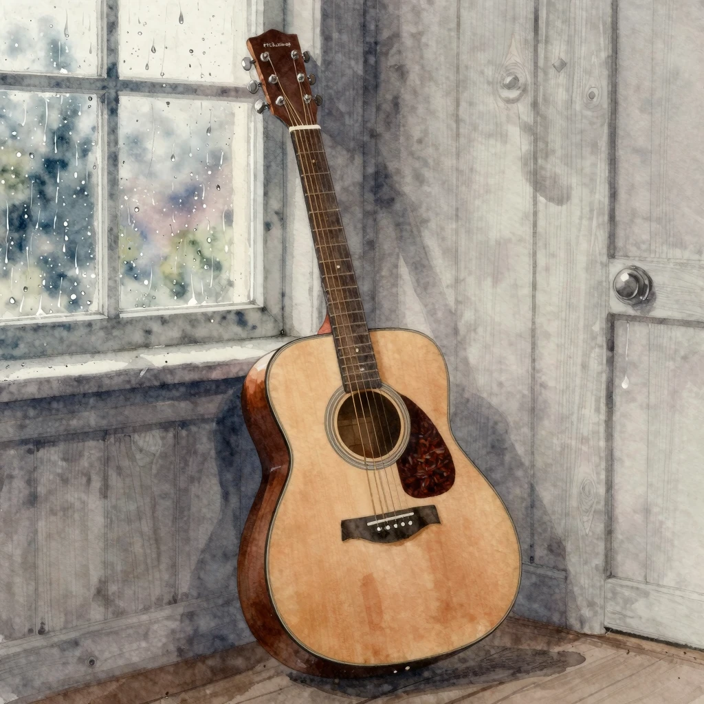 A beautiful watercolor painting of a single acoustic guitar ...