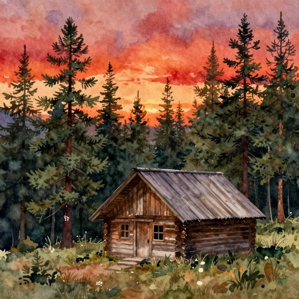 Watercolor painting of a rustic wooden cabin nestled in a de...