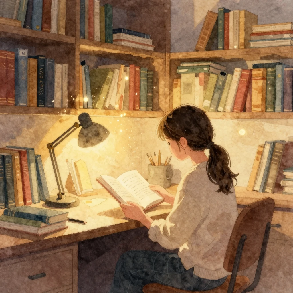Watercolor style illustration of a quiet reading room, perso...