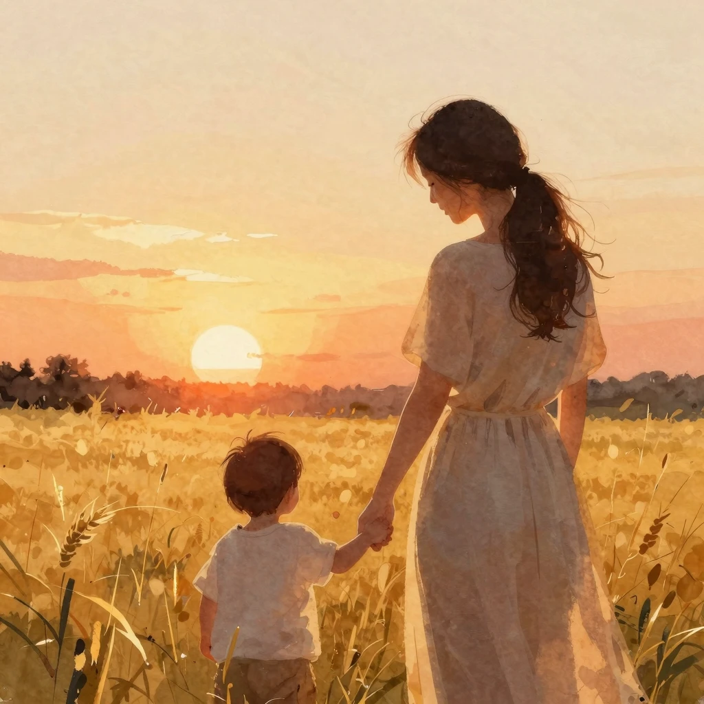 Watercolor painting, silhouette of a mother holding a baby's...