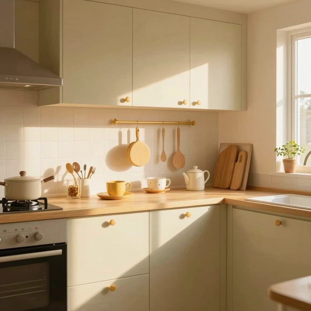 Cozy golden morning light filling a whimsical kitchen. Soft ...