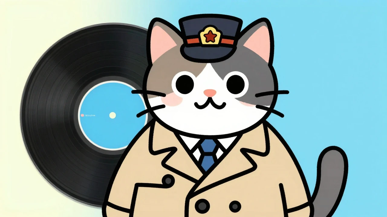 Playful colorful illustration of a cat detective in a trench...