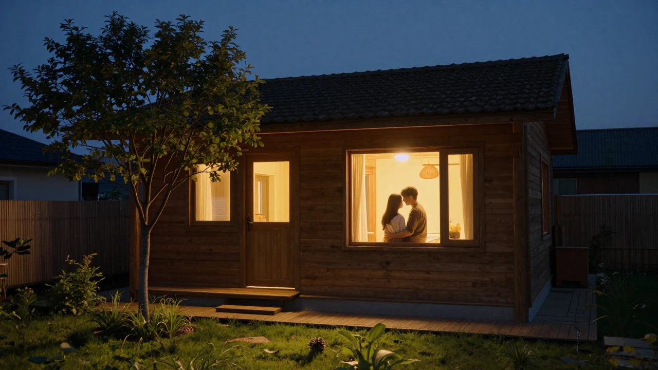 A cozy, warmly lit wooden house at twilight, with glowing wi...