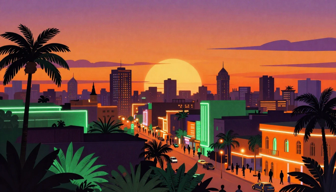 A vibrant digital art illustration of a bustling West Africa...