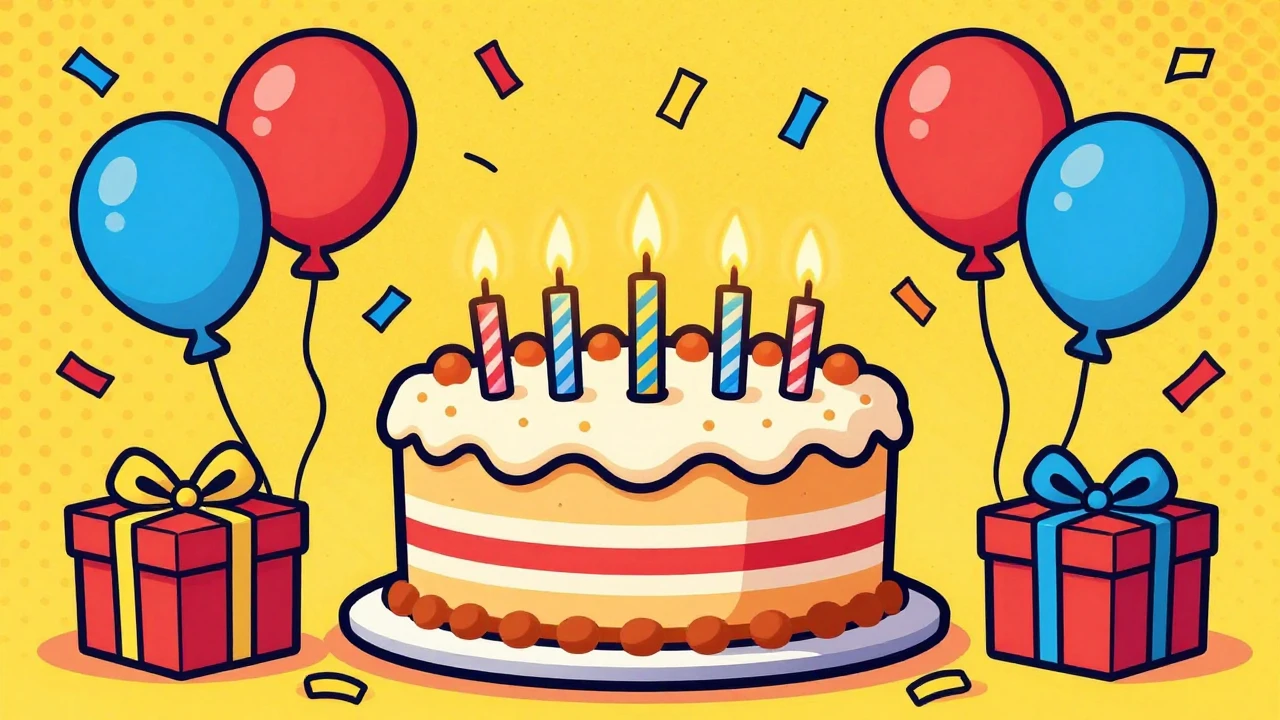 A vibrant and colorful birthday celebration scene. A large, ...