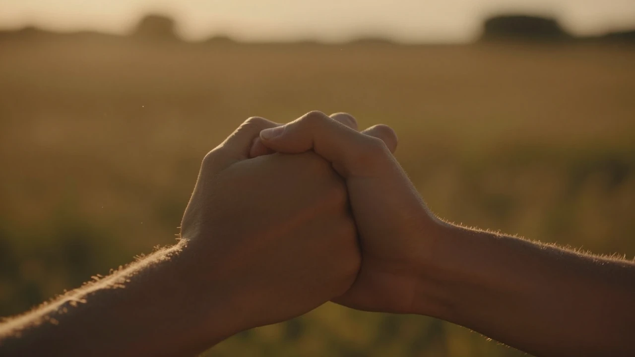 A cinematic, intimate close-up of two hands gently holding e...