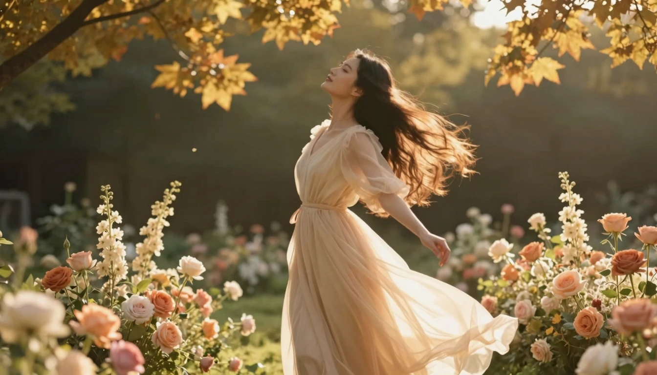 A tender and romantic scene featuring a graceful woman stand...