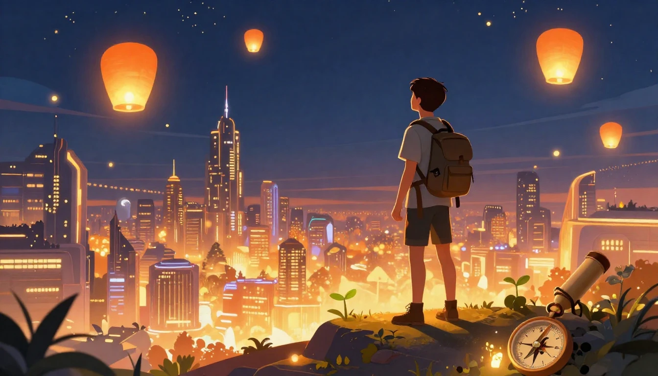 A vibrant digital art illustration of a young male adventure...