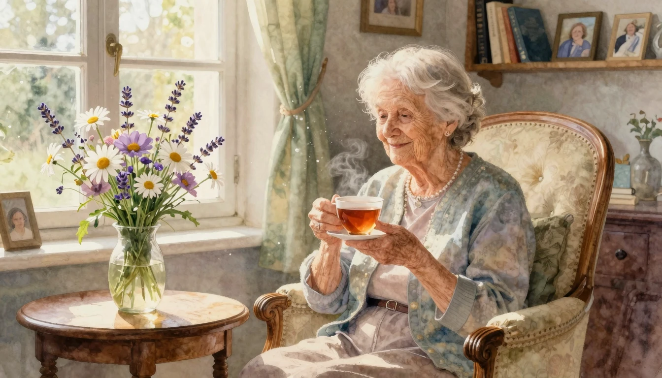 A cozy and heartwarming scene of an elderly grandmother sitt...