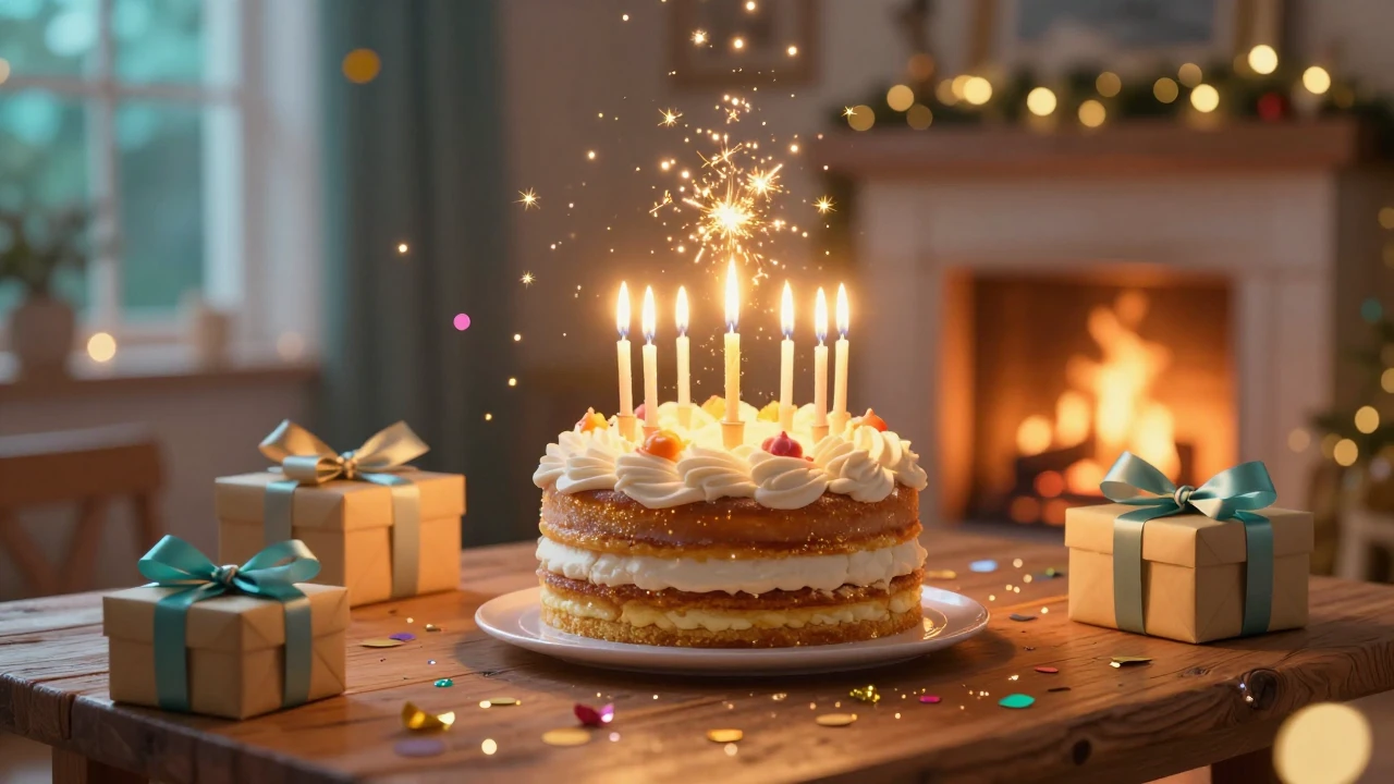 A magical and heartwarming birthday scene in a cozy, sunlit ...