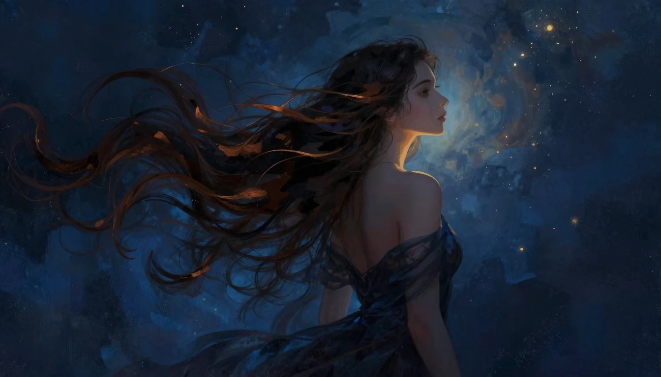 An elegant, stylized portrait of a mystical brunette woman w...