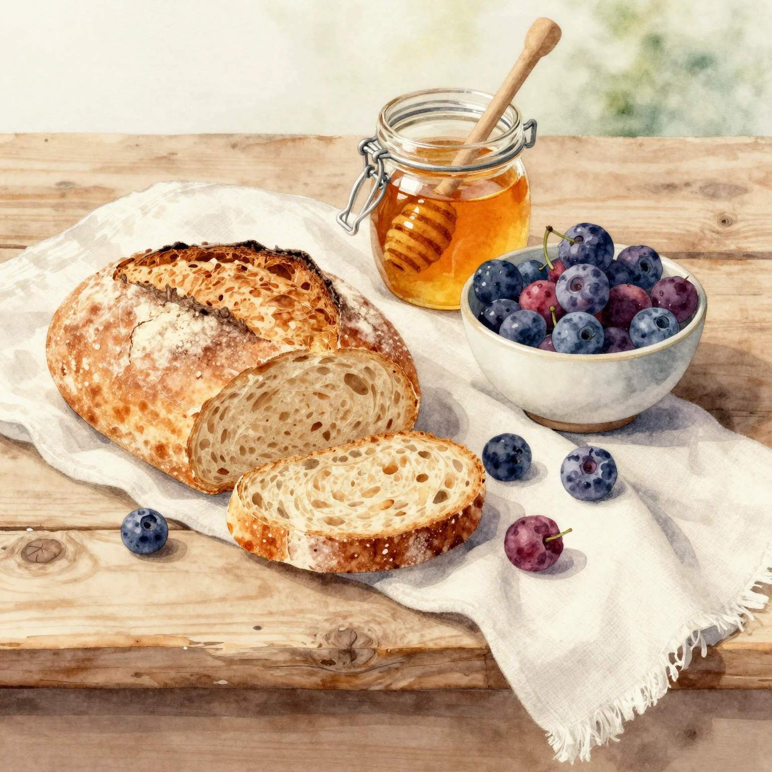 A watercolor illustration of a rustic wooden table set with ...