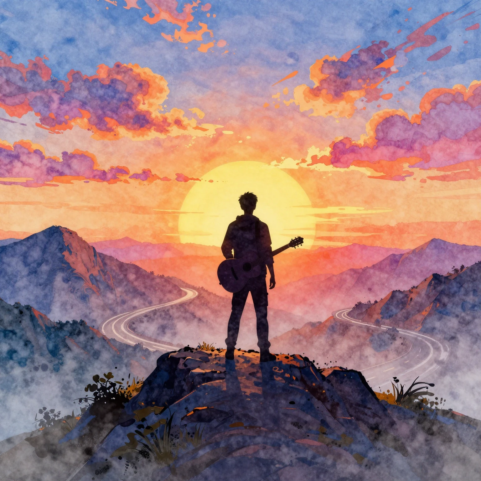 Watercolor style, vibrant pop art colors. A silhouette of a ...