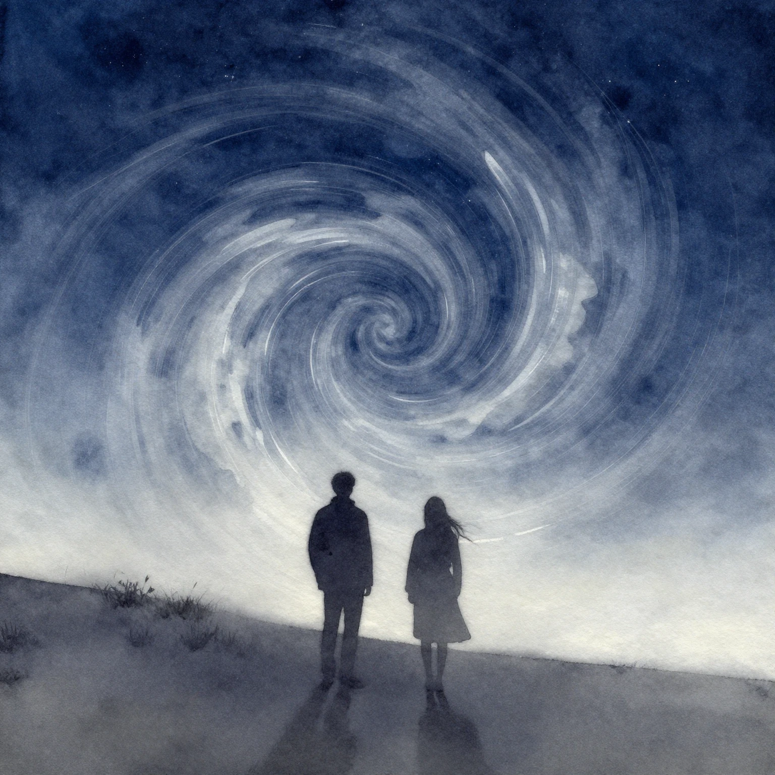 Watercolor painting, silhouettes of two figures on a misty s...