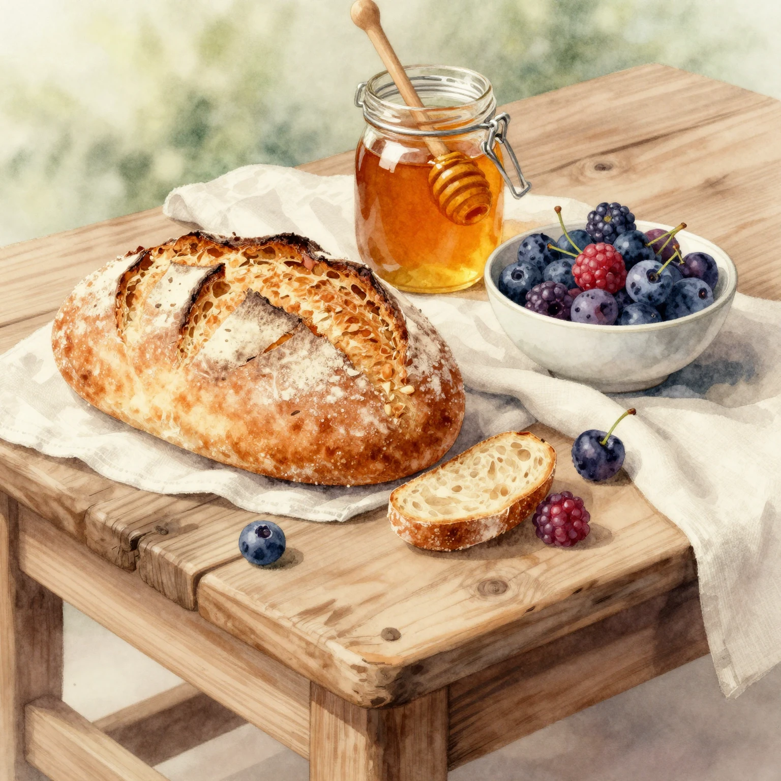 A watercolor illustration of a rustic wooden table set with ...