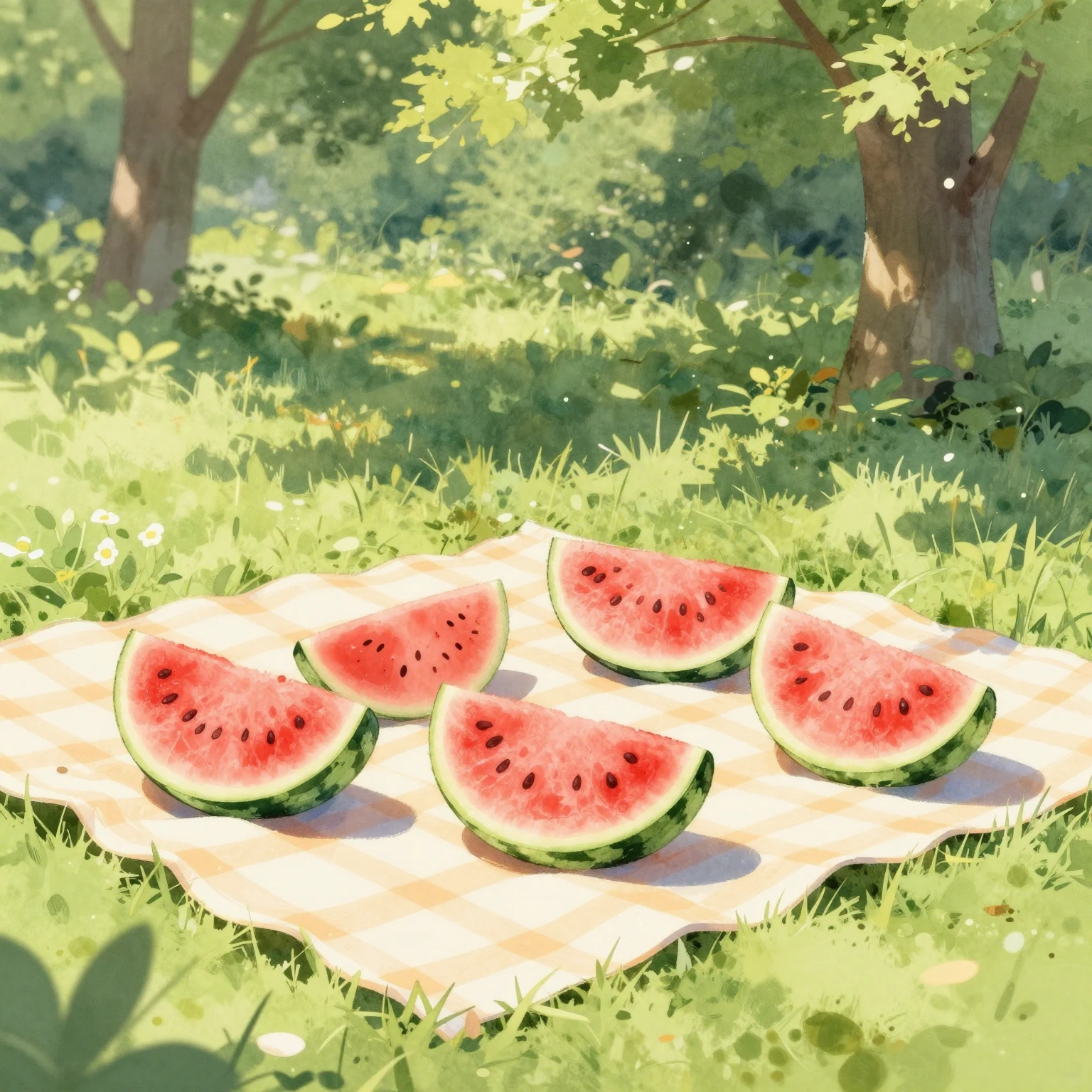 A bright watercolor painting of a lively summer picnic scene...