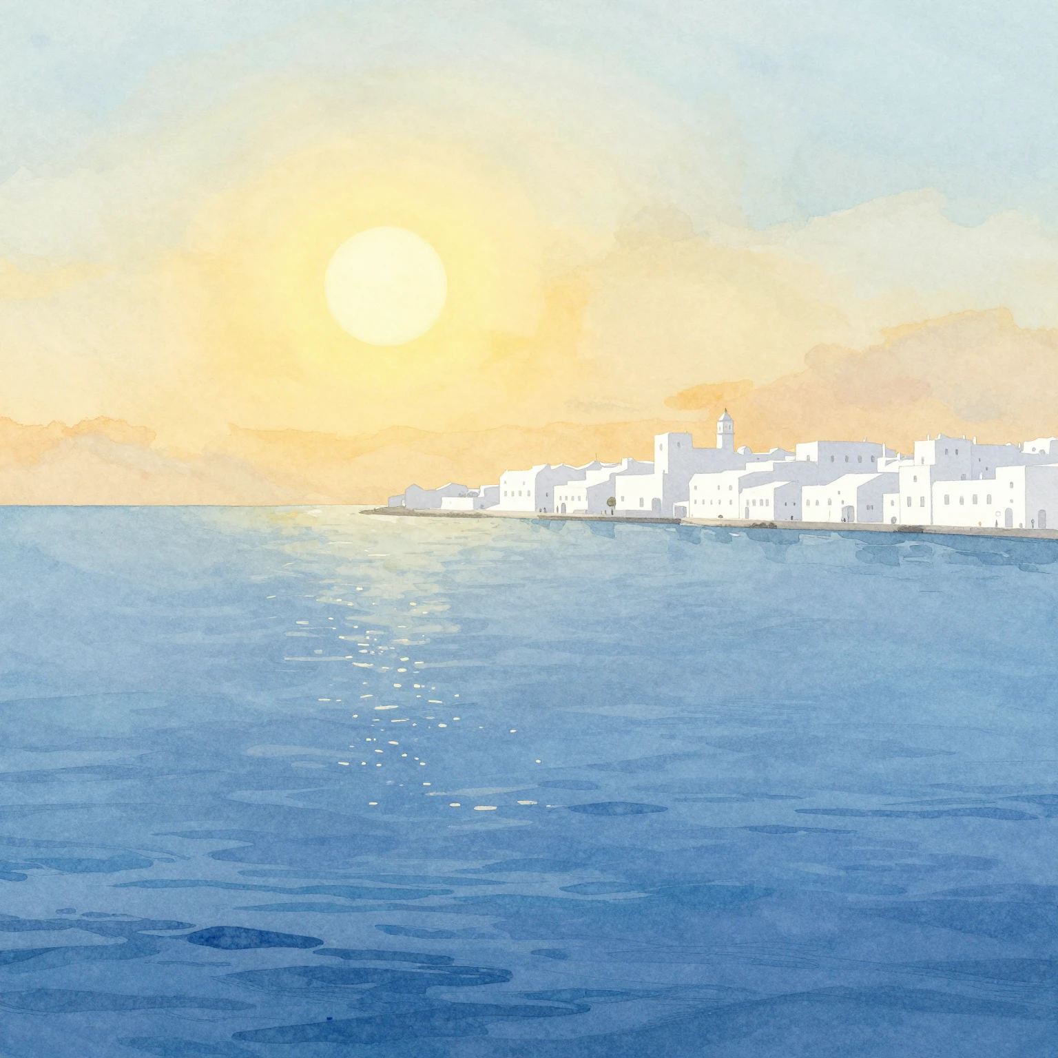 A serene watercolor painting depicting a vast, bright blue s...