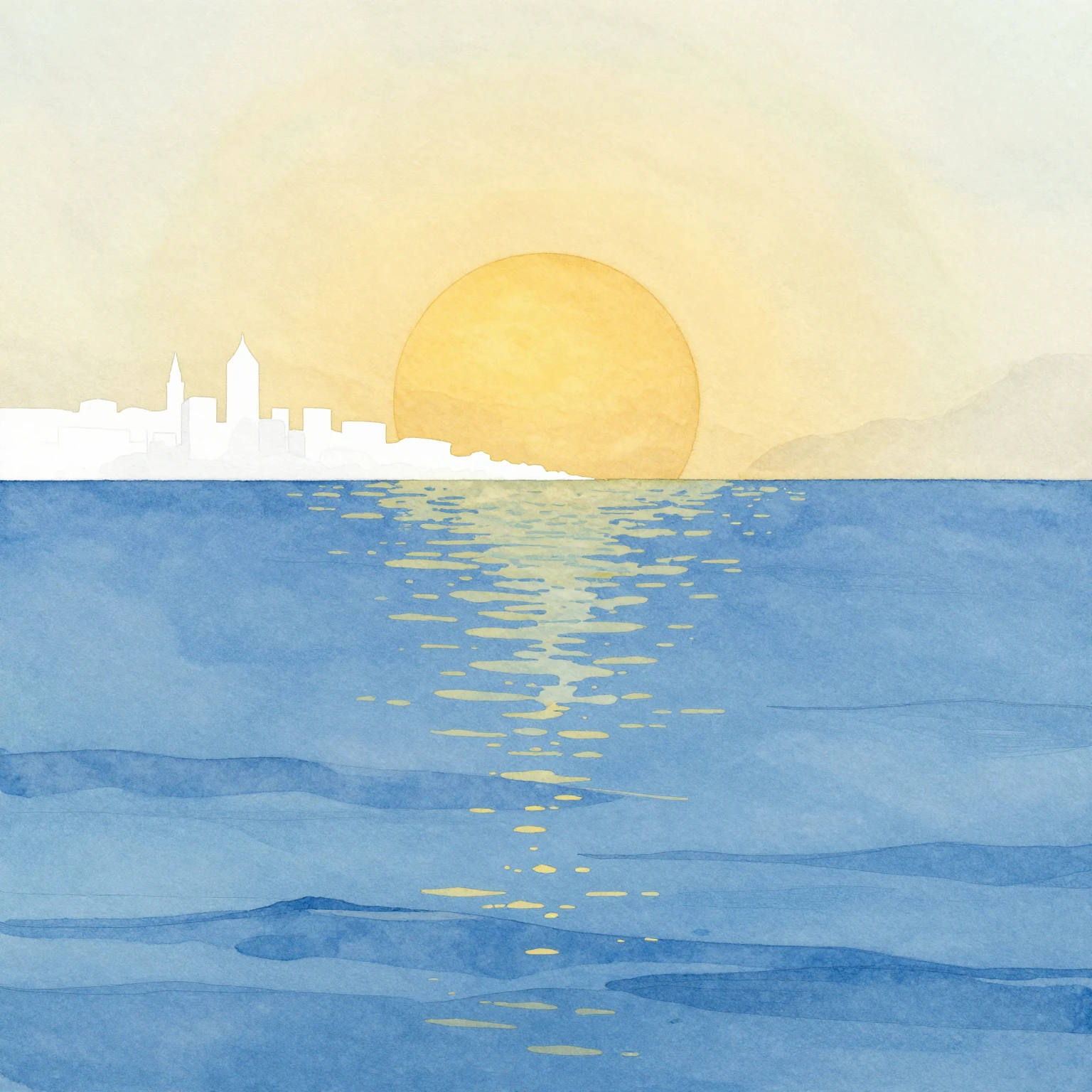 A serene watercolor painting of a bright blue sea under a go...