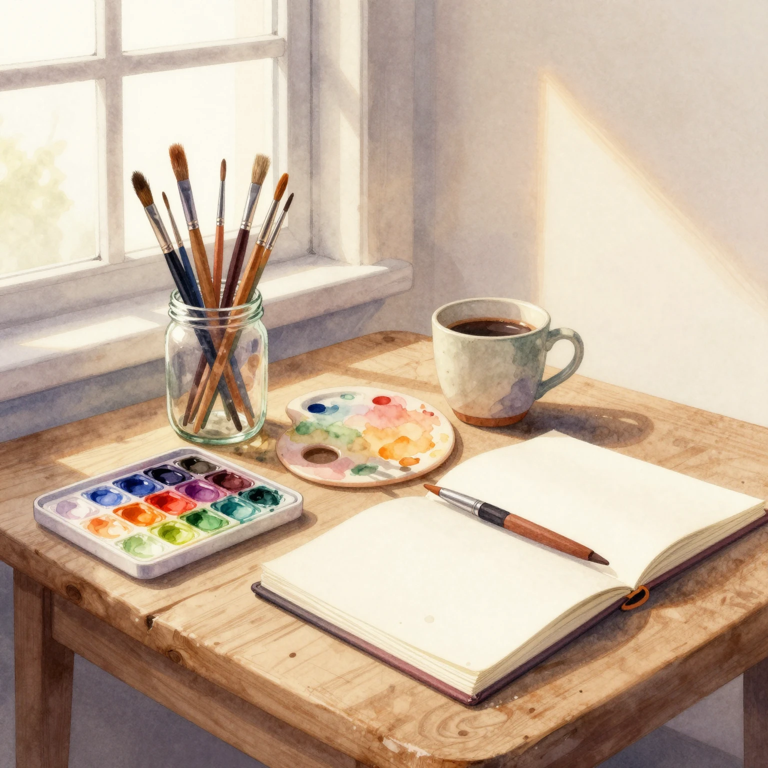 Watercolor style illustration of an artist workshop corner. ...
