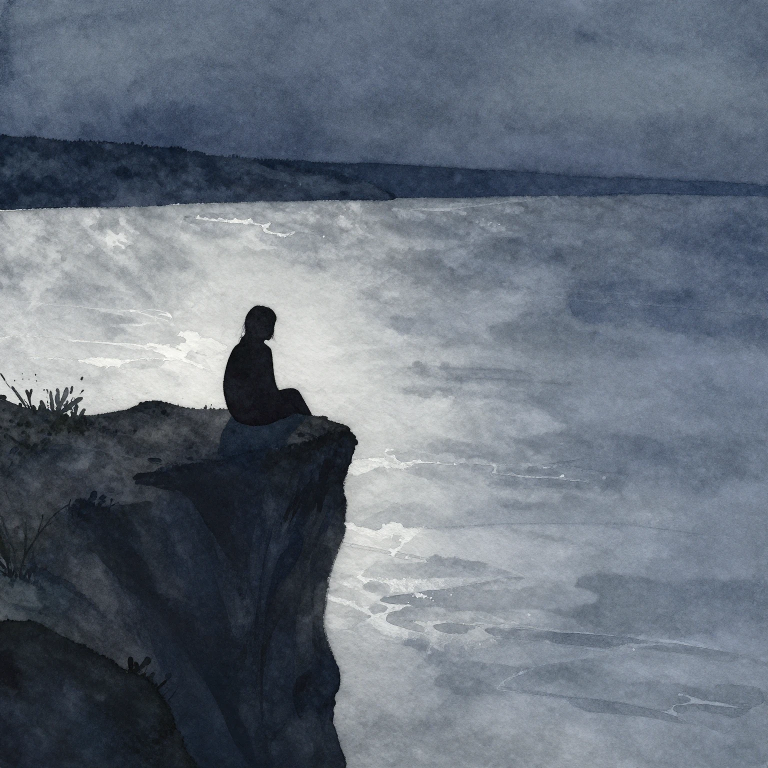 Watercolor painting in a melancholic style, featuring a lone...
