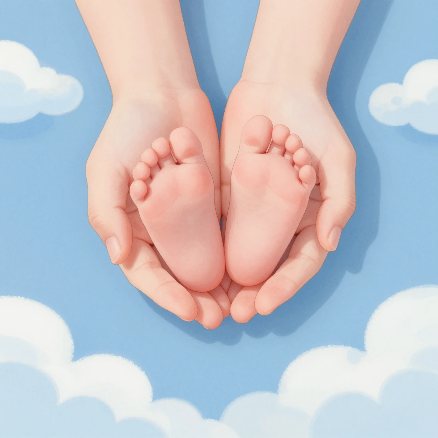A soft, artistic illustration of a tiny baby's feet held in ...