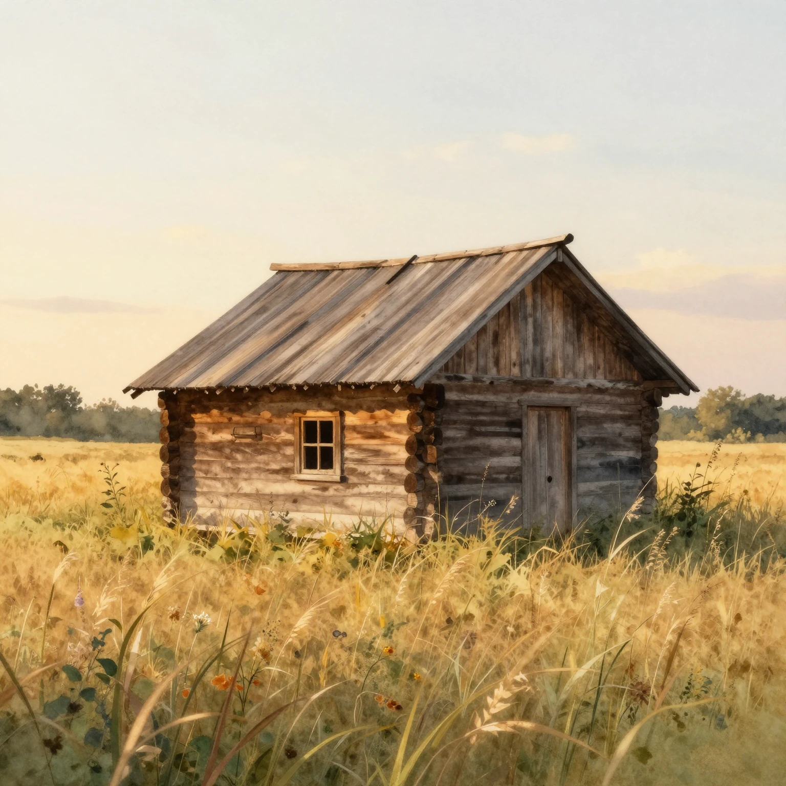 Watercolor painting of a rustic wooden cabin situated in a t...
