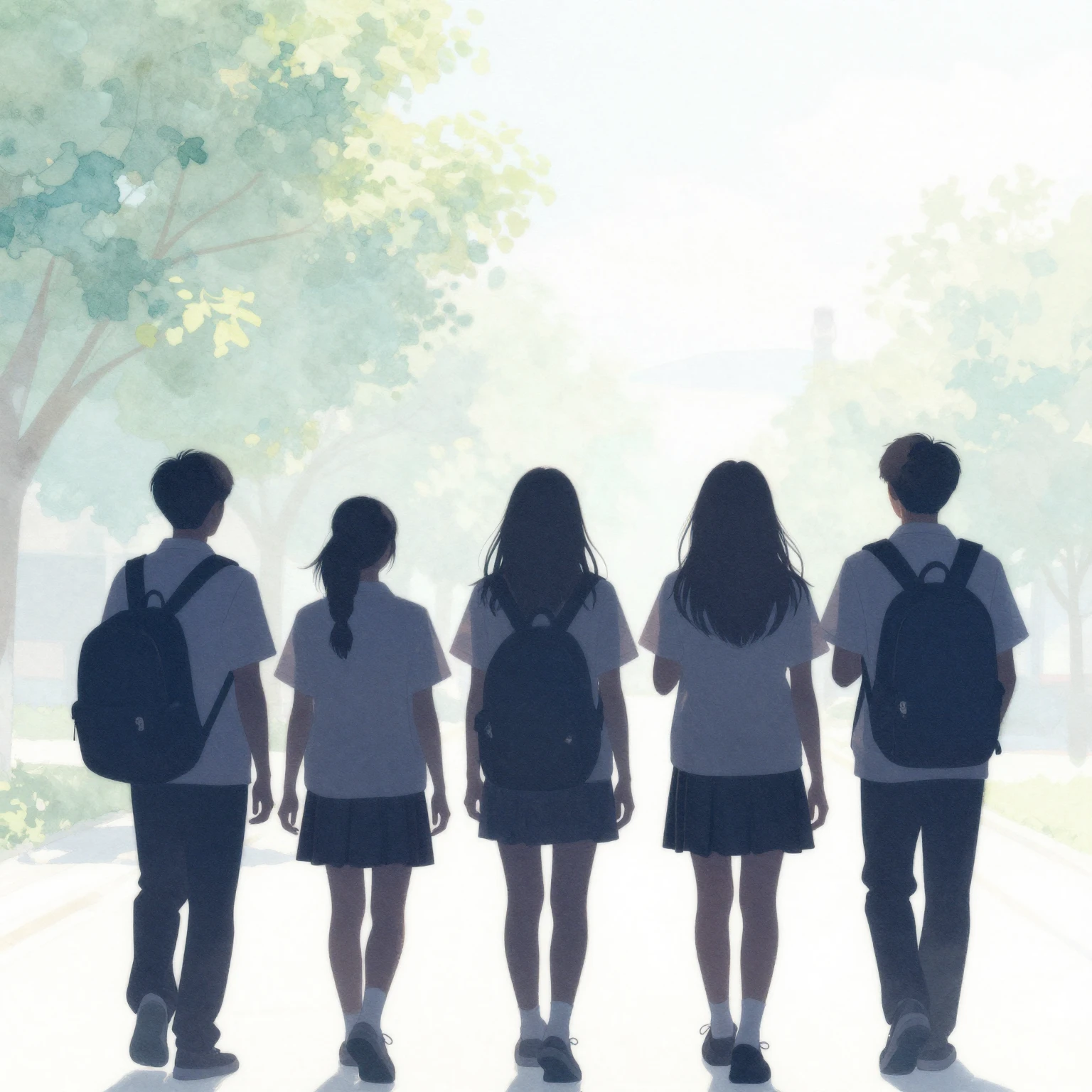 Watercolor style silhouette of students, bright sunlight, 2D...