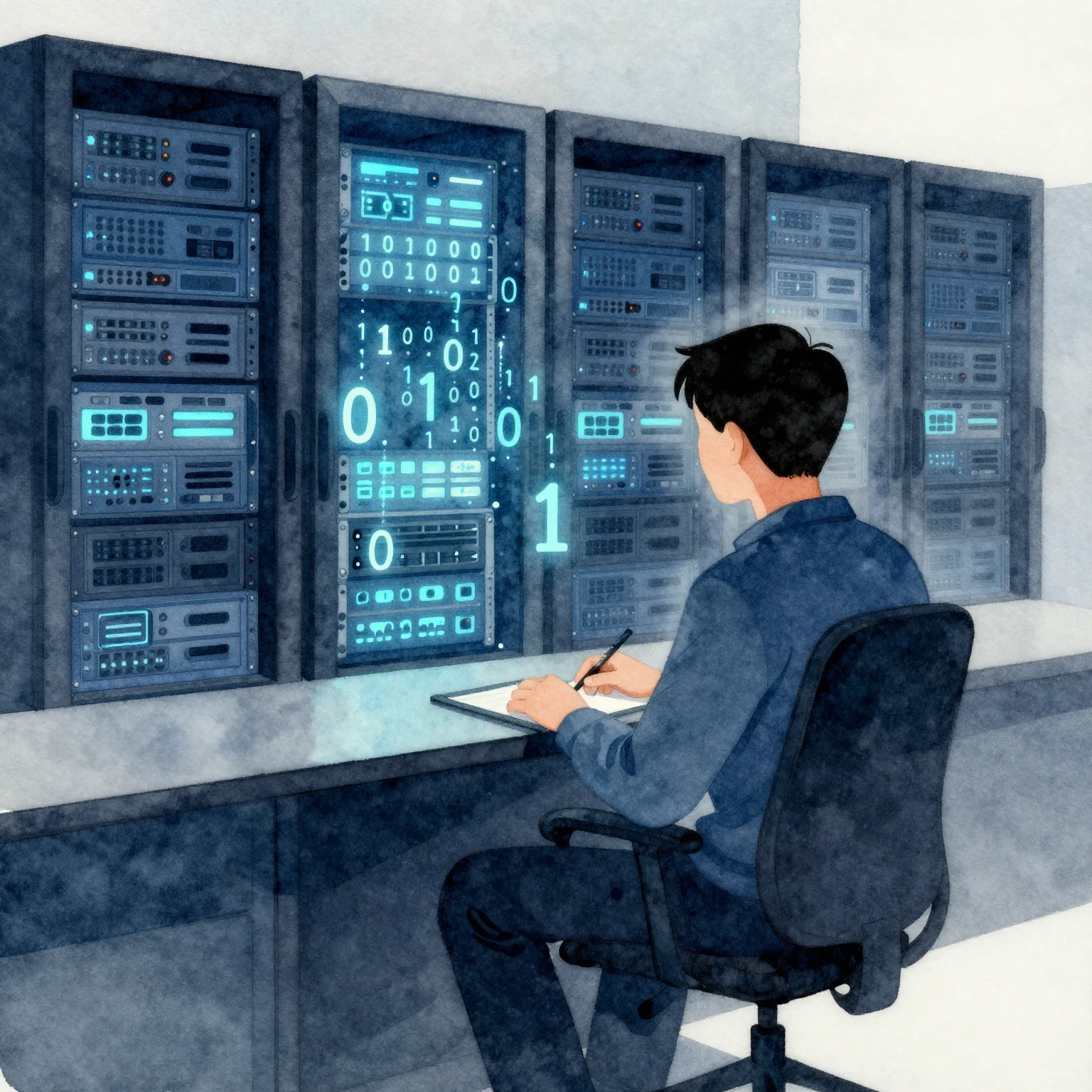 Watercolor painting of a system administrator sitting in a d...