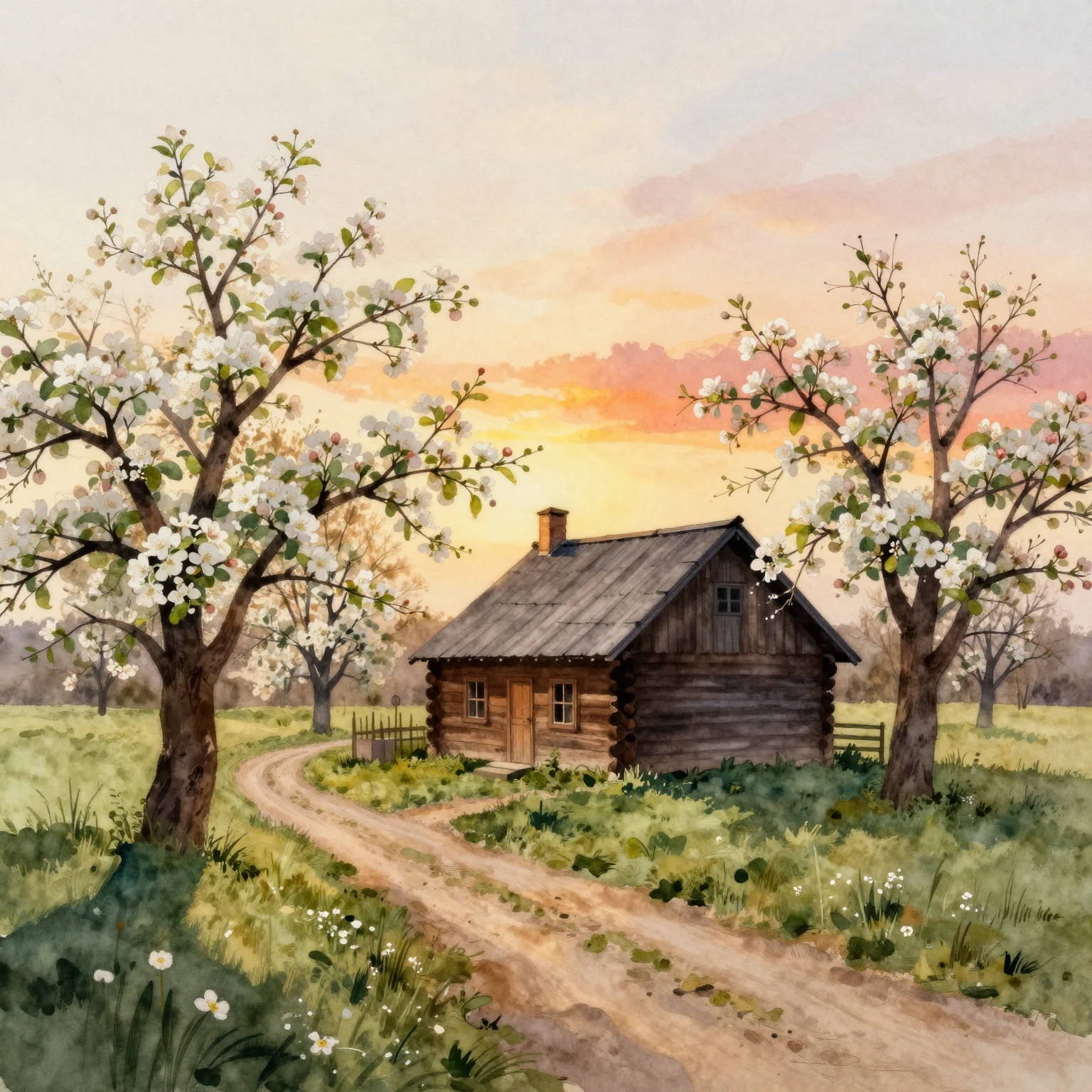 A watercolor painting of a cozy small wooden cottage silhoue...