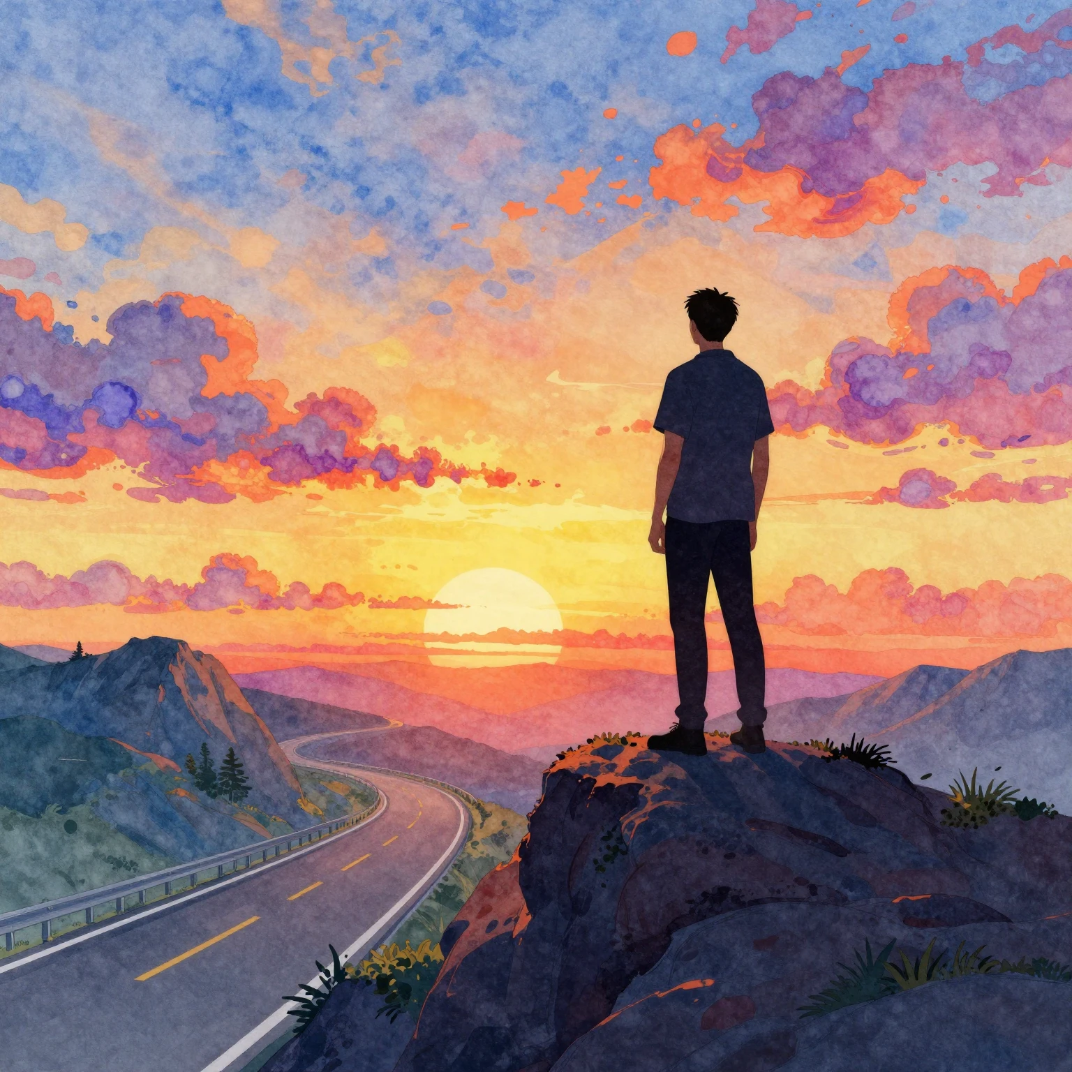 Watercolor style, vibrant pop art colors. A silhouette of a ...