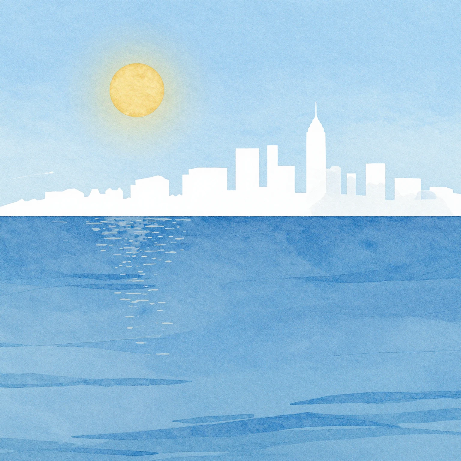 A serene watercolor scene of a bright blue sea with a distan...