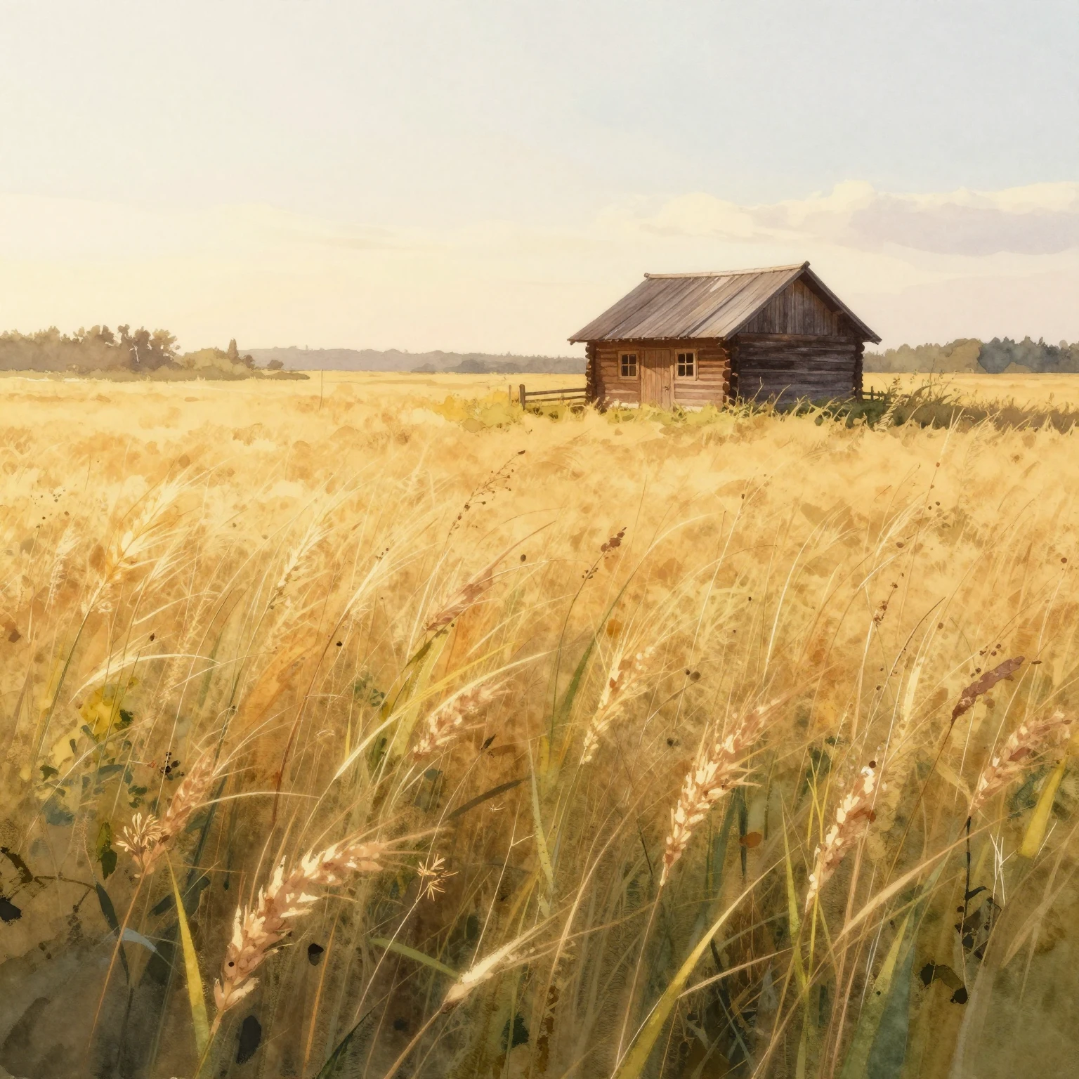 Watercolor painting of a tall grass field bathed in warm gol...