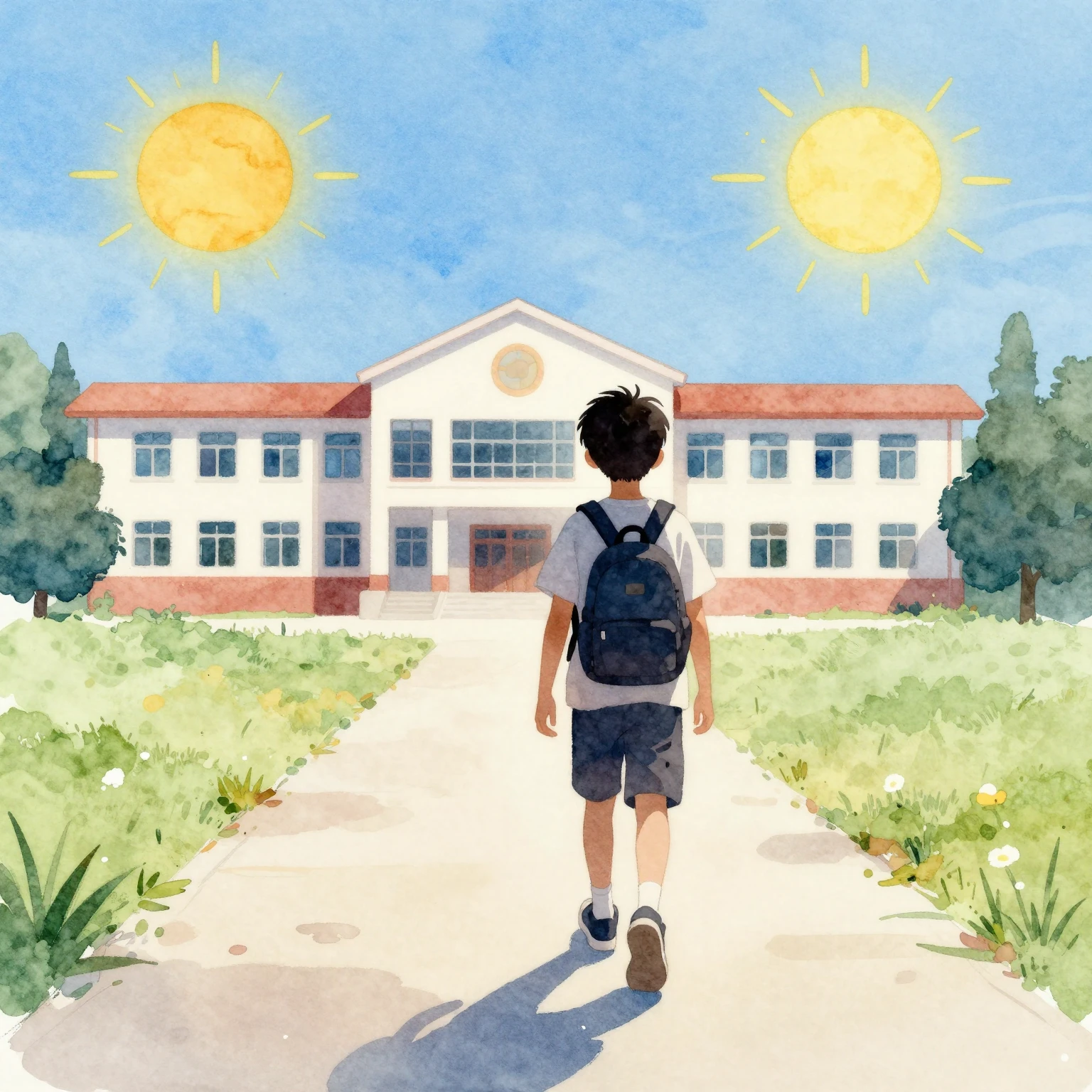 Watercolor painting of a young boy silhouette with a small b...