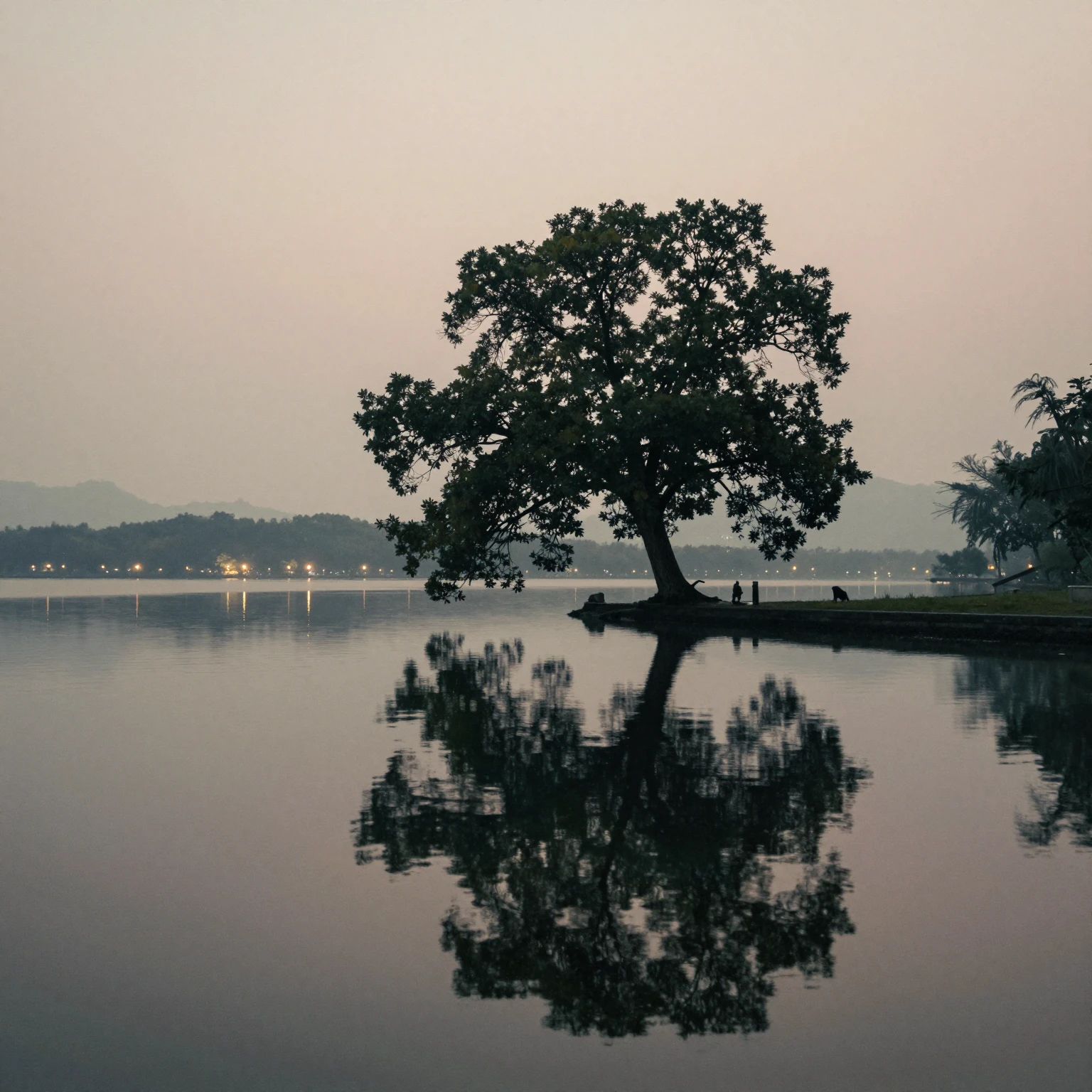 A tranquil lake reflecting the soft glow of distant lights a...