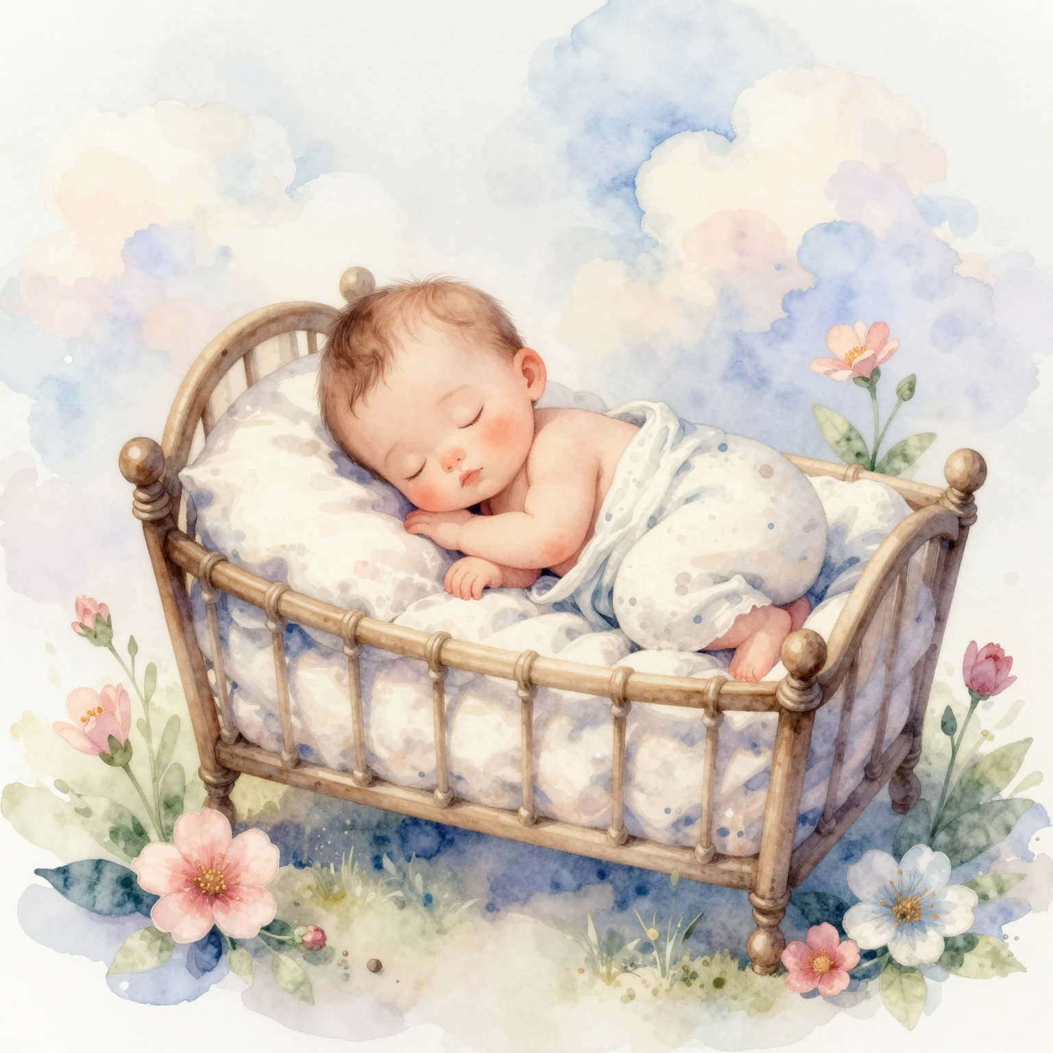 A soft, artistic watercolor illustration of a tiny baby slee...