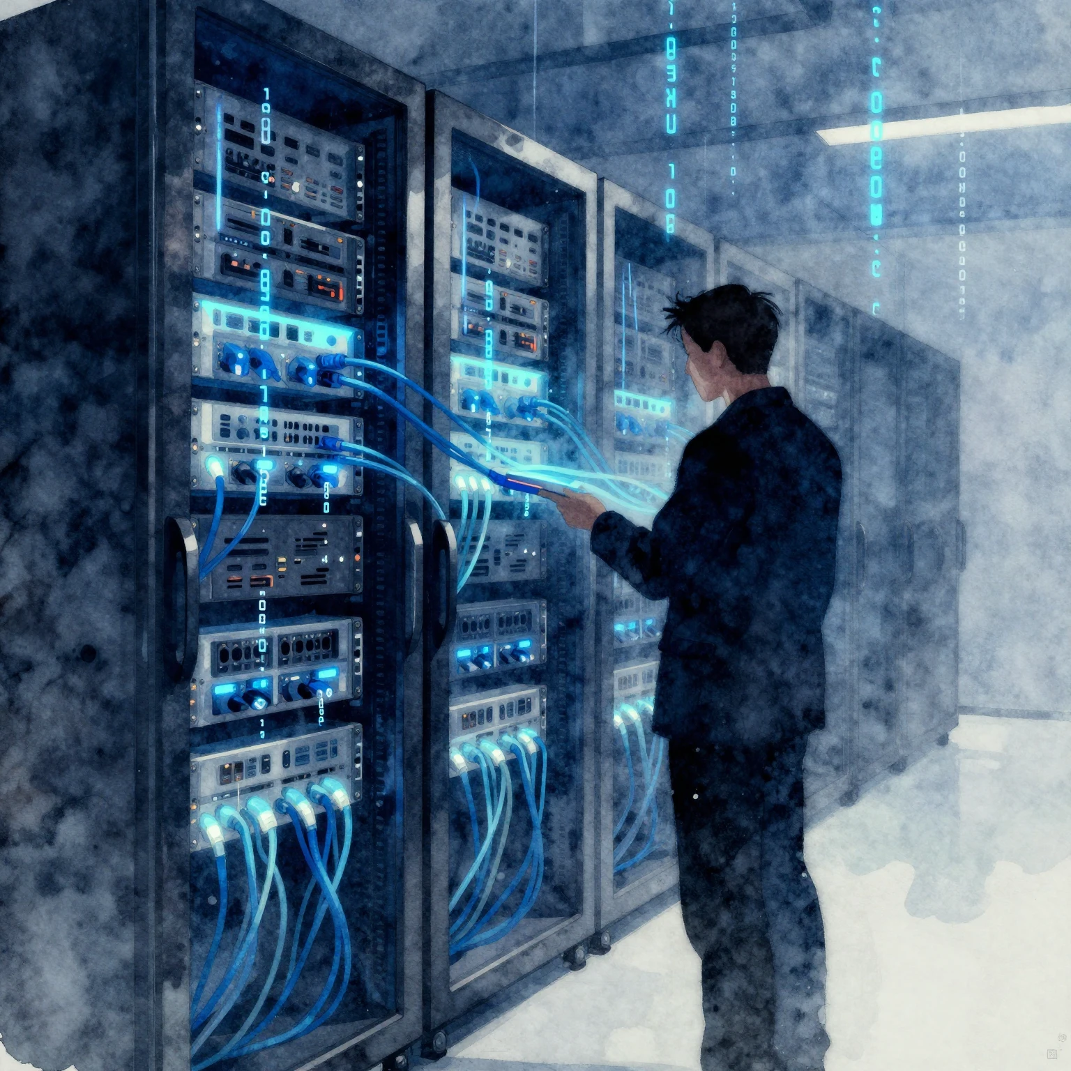 Abstract watercolor illustration of a server room with glowi...
