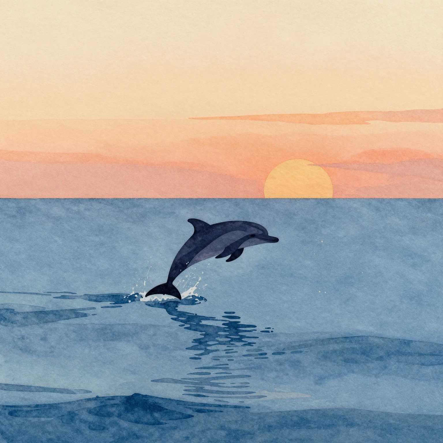 A watercolor painting depicting a calm blue ocean under a wa...