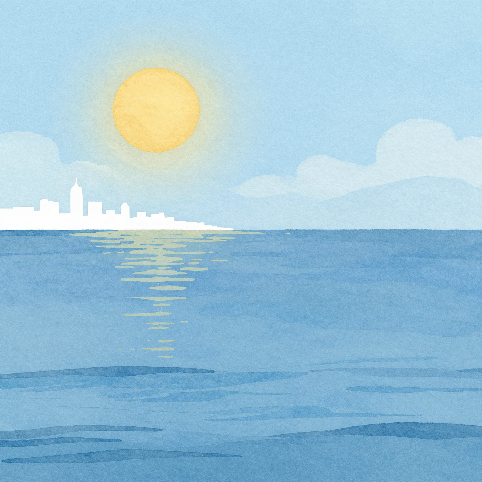 A serene watercolor painting of a bright blue sea under a go...