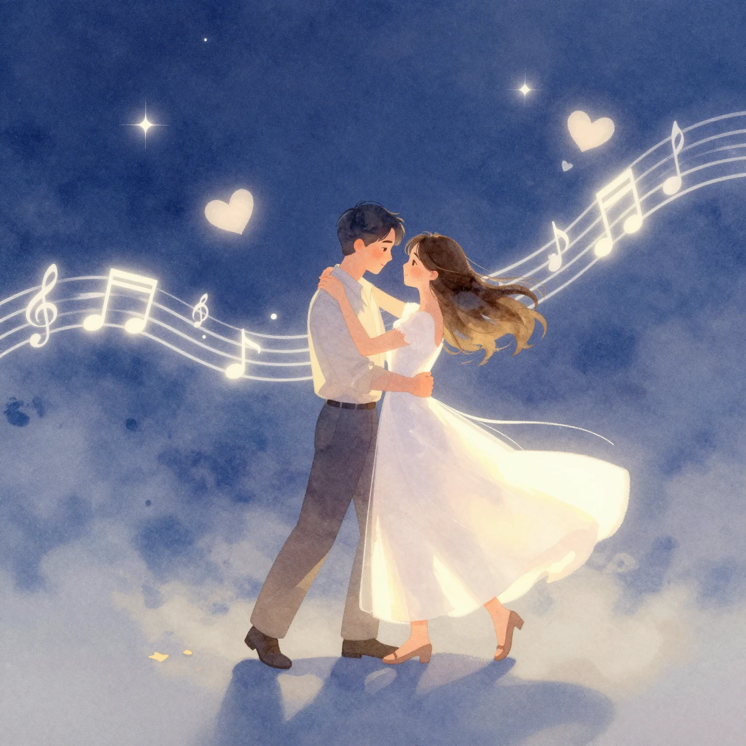 A dreamy watercolor illustration of a loving couple in a gen...