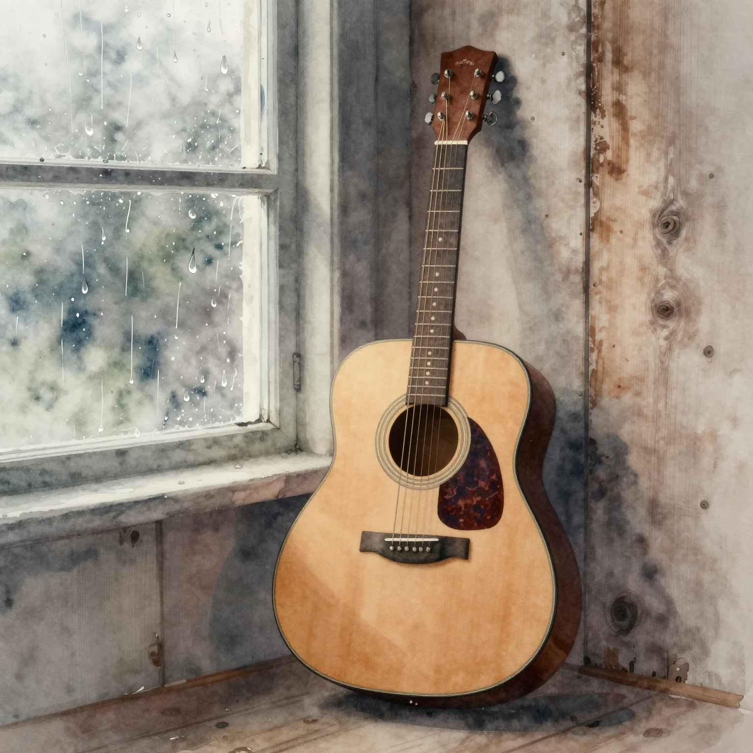 A beautiful watercolor painting of a single acoustic guitar ...