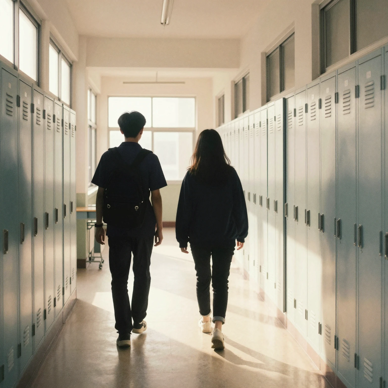 Watercolor style. Silhouettes of two teenagers walking throu...