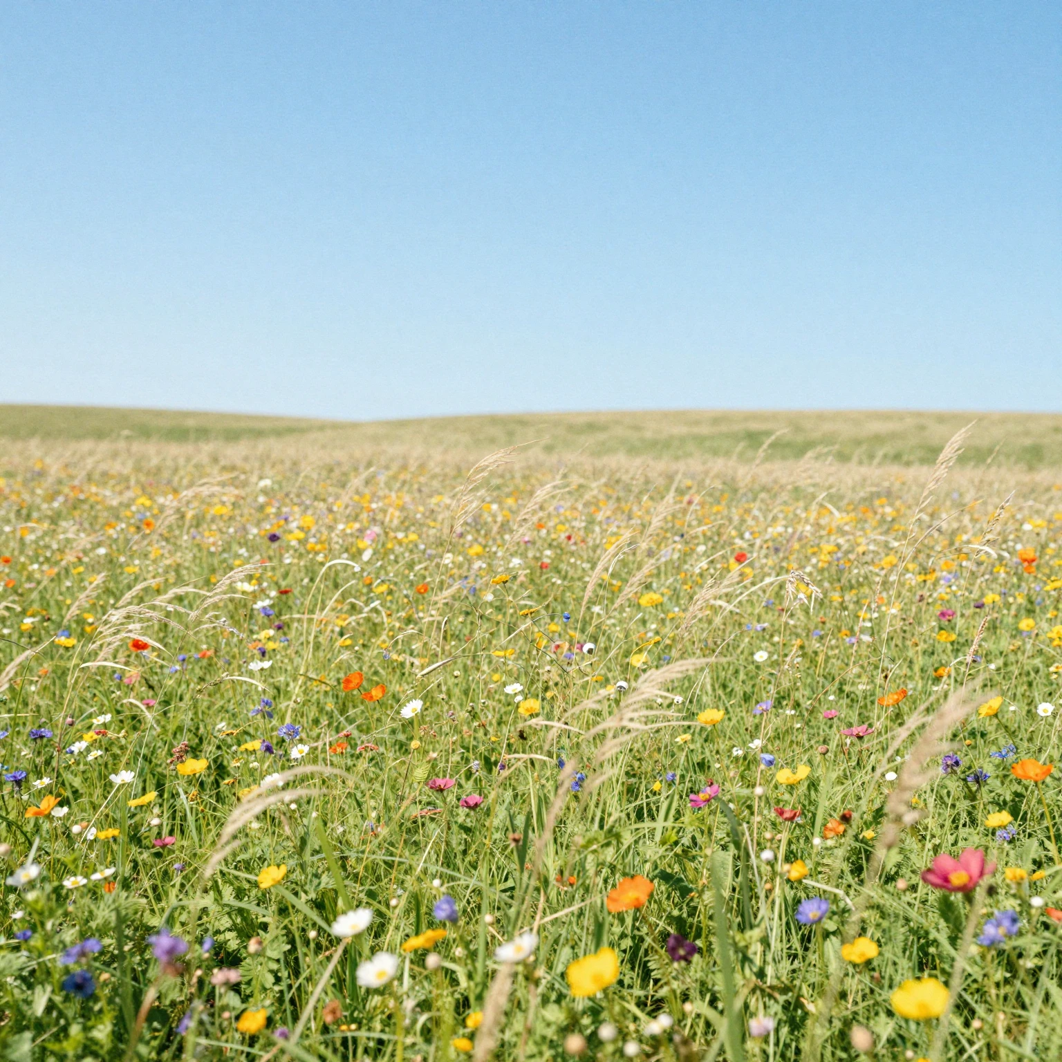 A wide, sun-drenched meadow filled with colorful wildflowers...