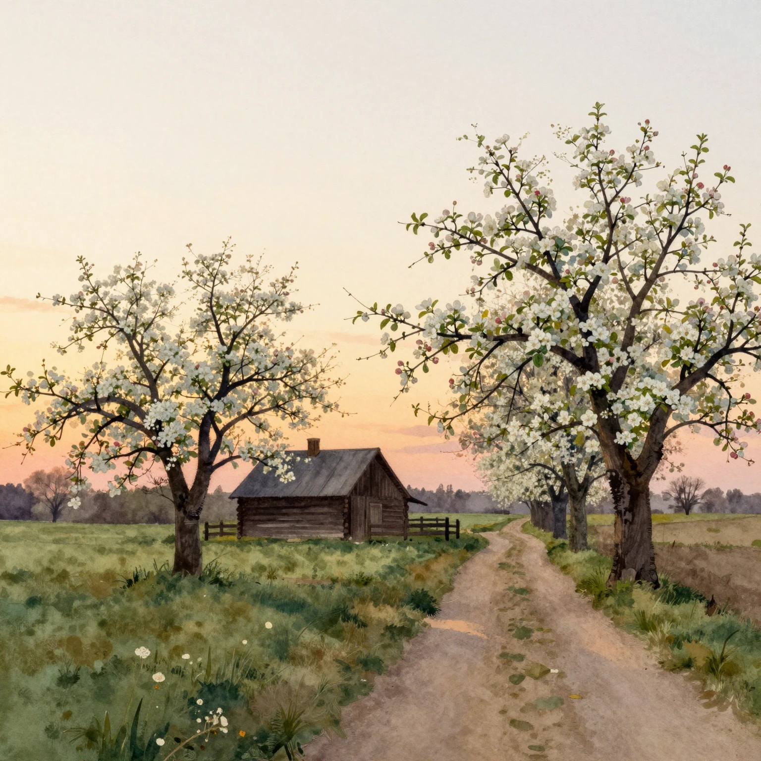 A watercolor painting of a serene rural landscape at sunset,...