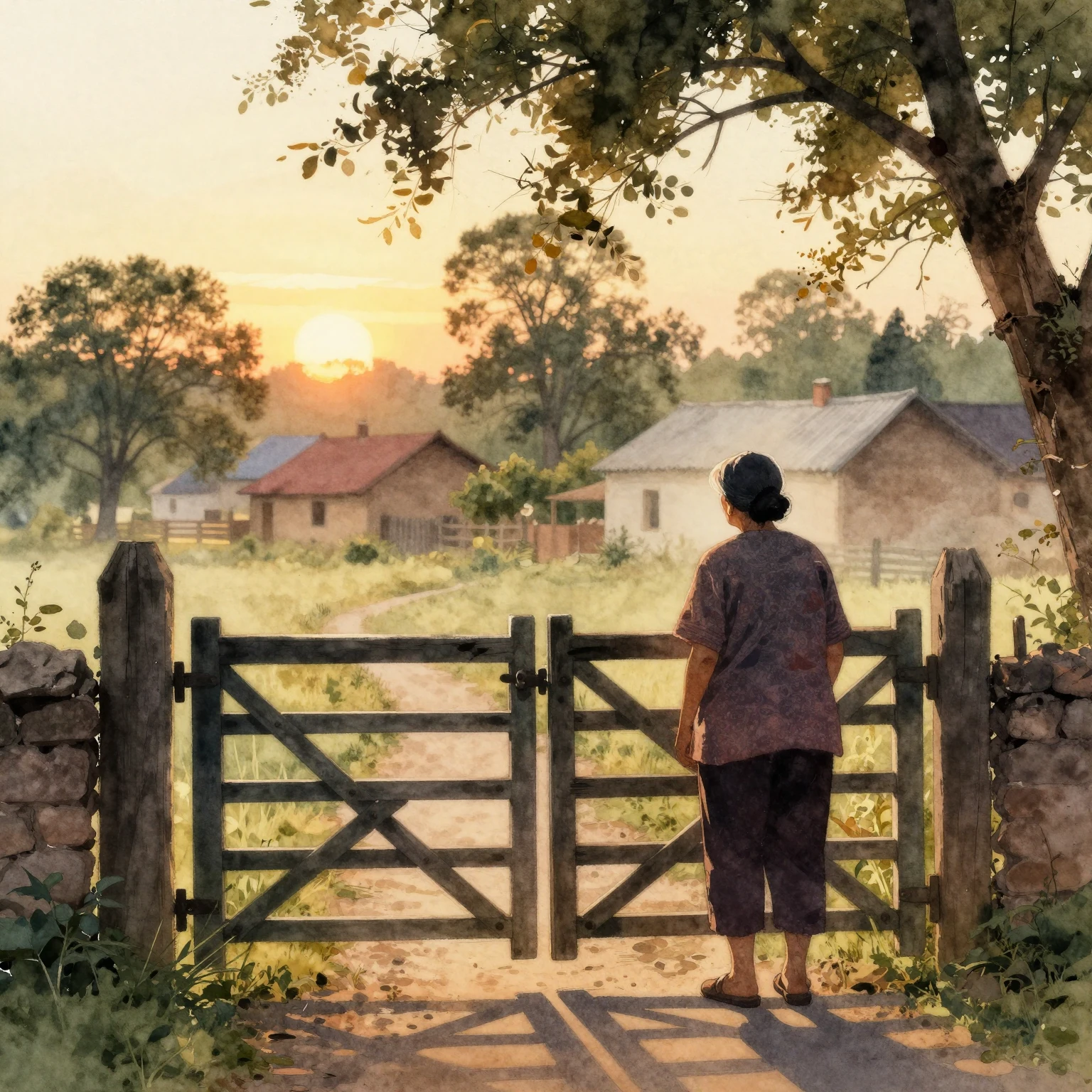 Watercolor painting of an elderly woman's silhouette standin...