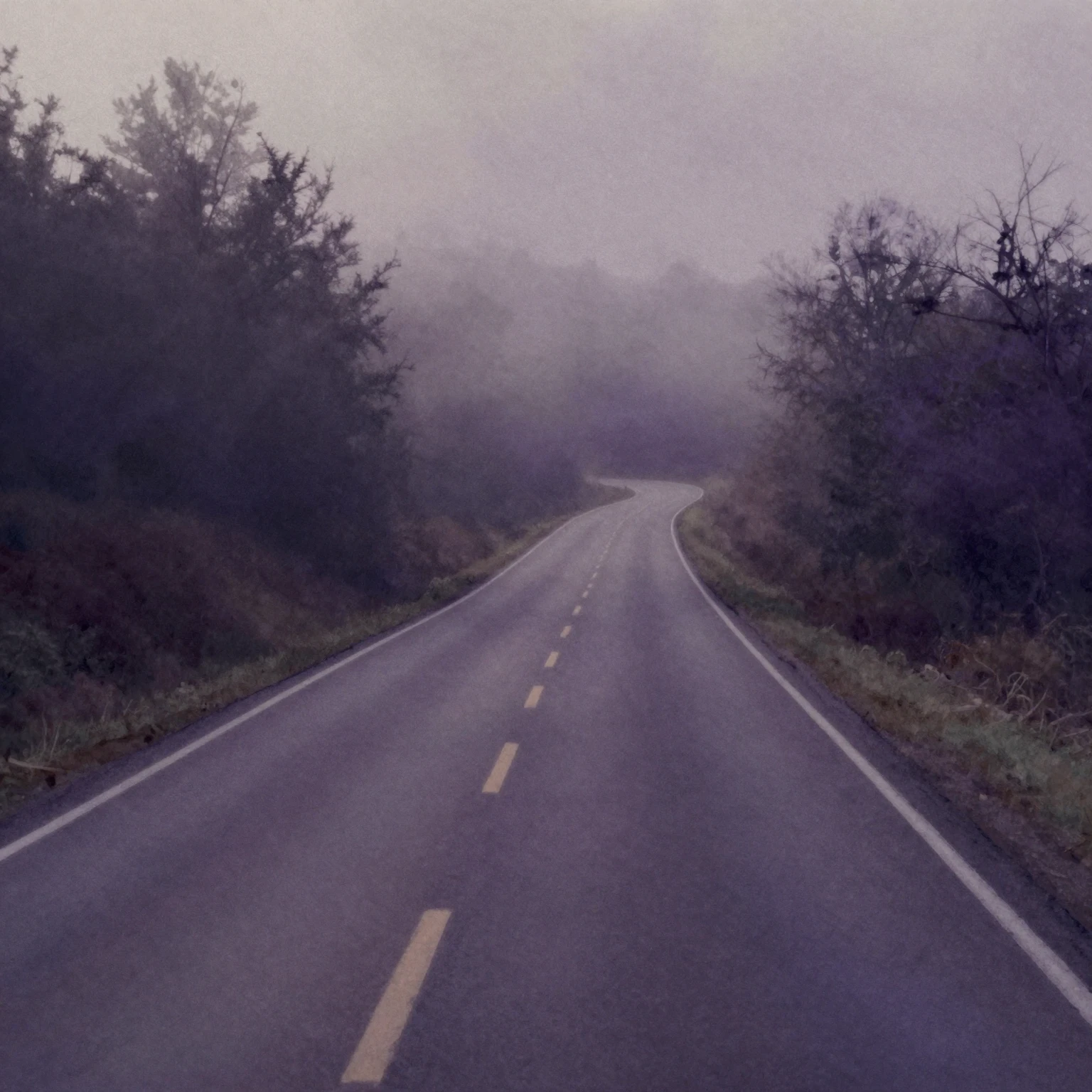 An empty winding road disappearing into a misty, foggy backg...